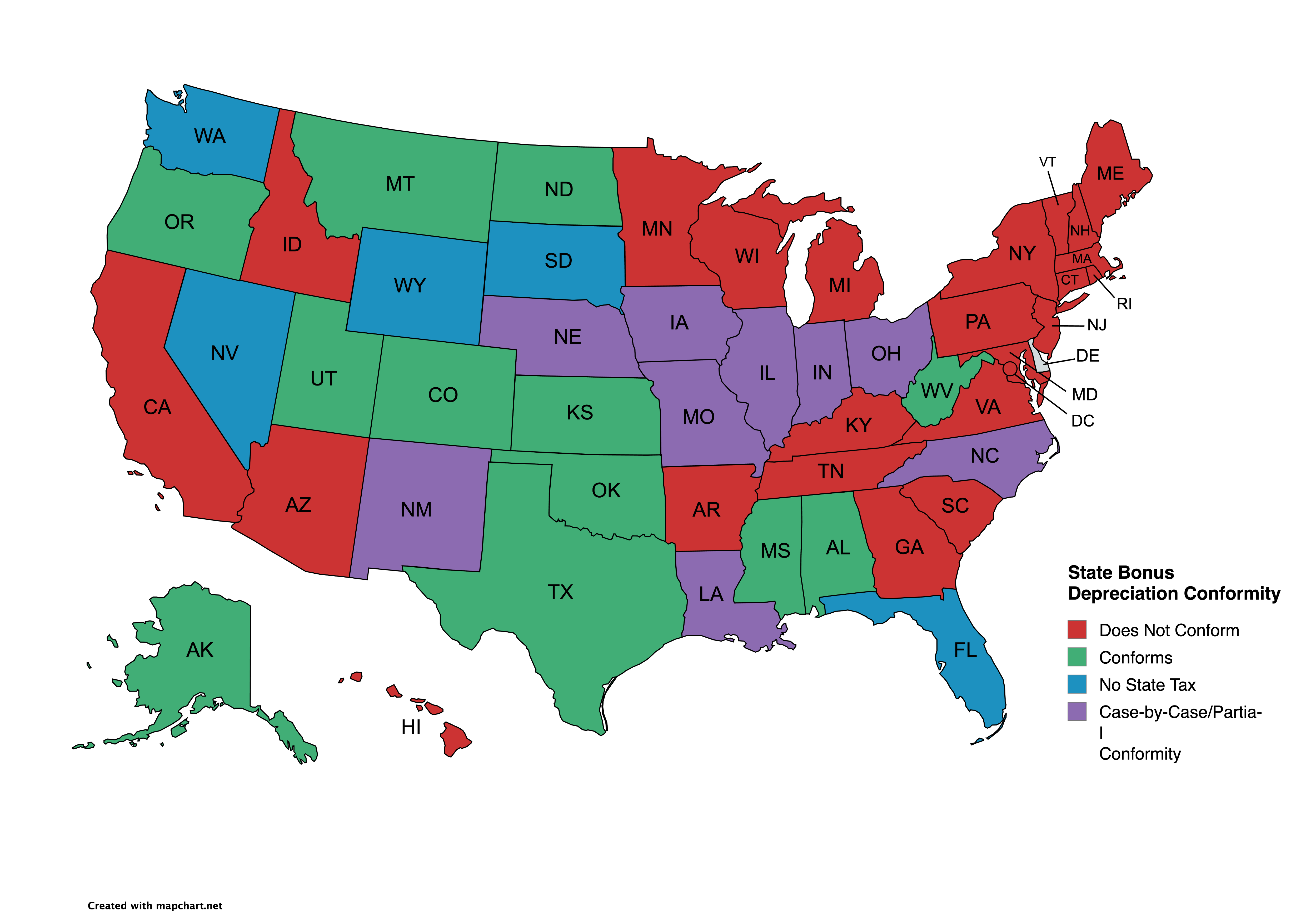 Map of the United States showing which states conform to federal bonus depreciation, which do not, which are case-by-case, and which have no state income tax